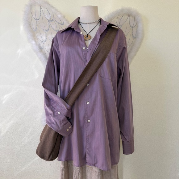 Retro Indie Grunge Herringbone Button Up Shirt Long Sleeve Ecclectic Funky Mauve - Picture 1 of 7